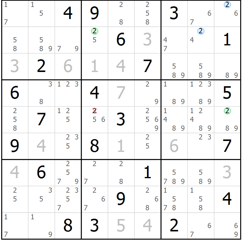 Position des candidats pour la solution de la Gr 28 page 31 du magazine de sudoku Suprême n° 027