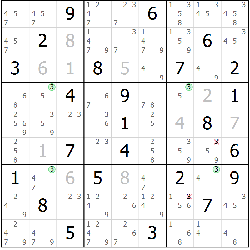 Position des candidats pour la solution de la Gr 32 page 35 du magazine de sudoku Suprême n° 027