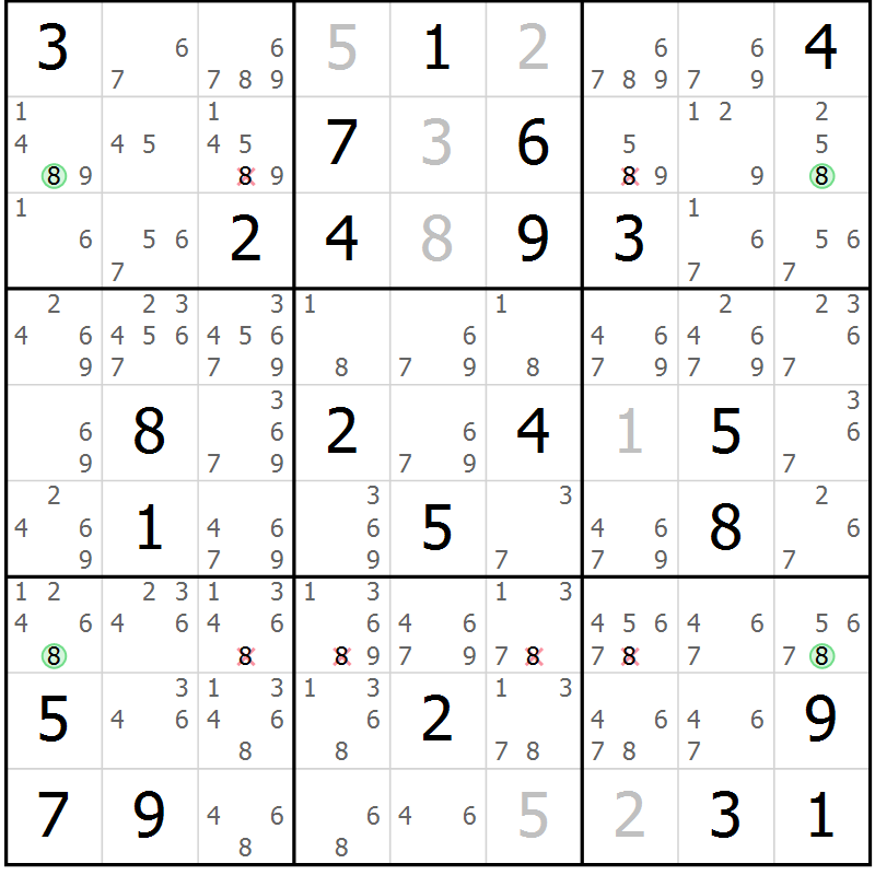Position des candidats pour la solution de la Gr 33 page 36 du magazine de sudoku Suprême n° 027