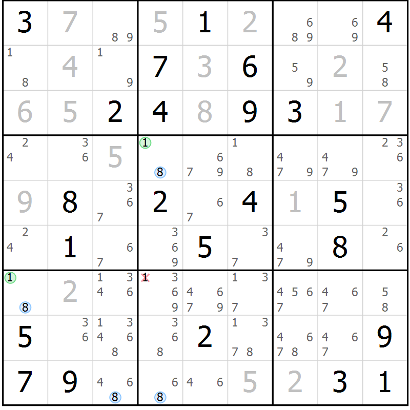 Position des candidats pour la solution de la Gr 33 page 36 du magazine de sudoku Suprême n° 027