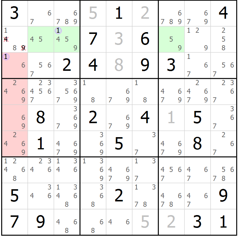 Position des candidats pour la solution de la Gr 33 page 36 du magazine de sudoku Suprême n° 027