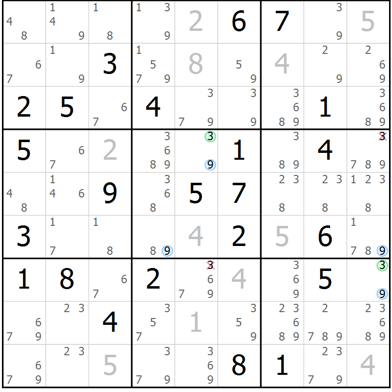 Position des candidats pour la solution de la Gr 36 page 39 du magazine de sudoku Suprême n° 027