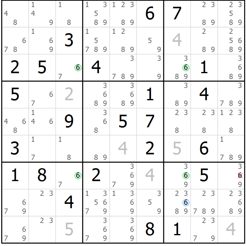 Position des candidats pour la solution de la Gr 36 page 39 du magazine de sudoku Suprême n° 027