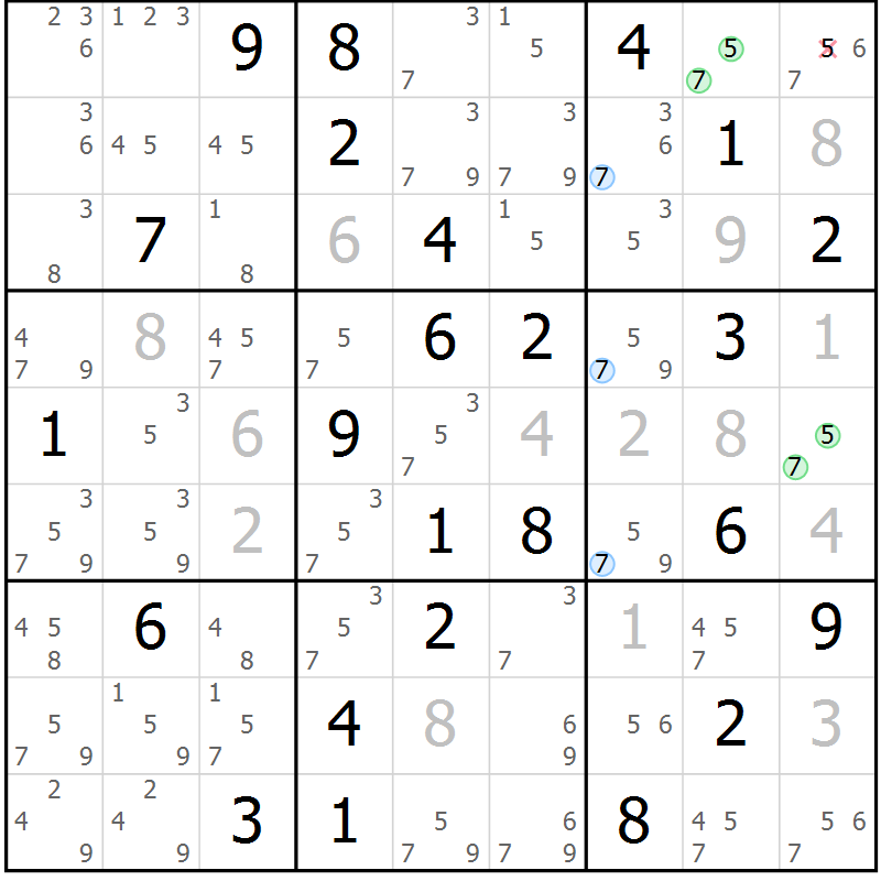 Position des candidats pour la solution de la Gr 40 page 43 du magazine de sudoku Suprême n° 027