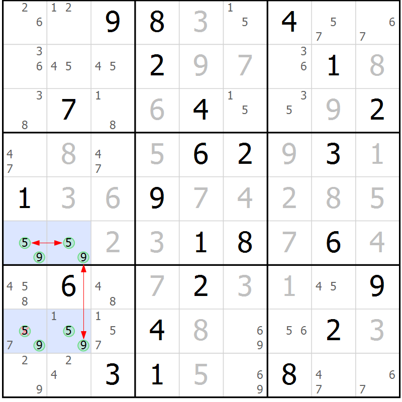 Position des candidats pour la solution de la Gr 40 page 43 du magazine de sudoku Suprême n° 027