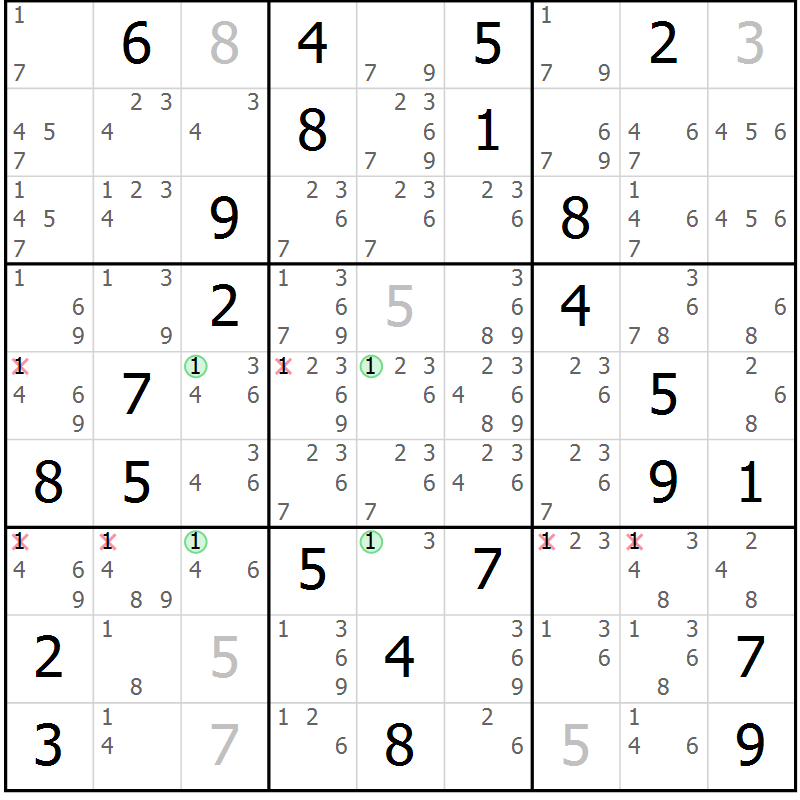Position des candidats pour la solution de la Gr 43 page 46 du magazine de sudoku Suprême n° 027