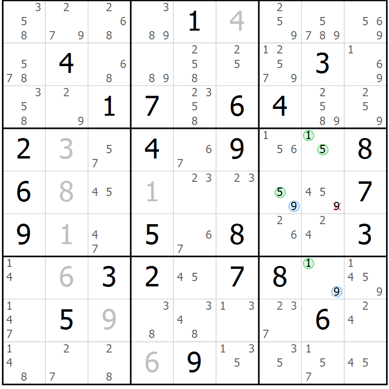 Position des candidats pour la solution de la Gr 45 page 48 du magazine de sudoku Suprême n° 027