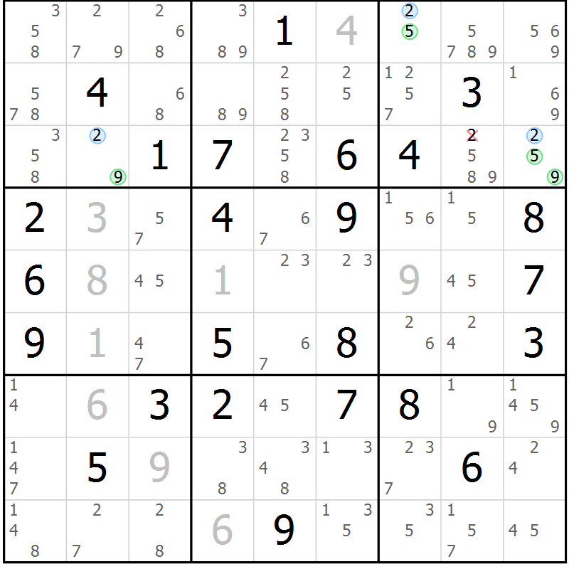 Position des candidats pour la solution de la Gr 45 page 48 du magazine de sudoku Suprême n° 027