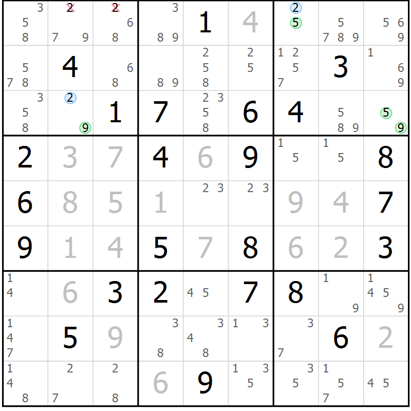 Position des candidats pour la solution de la Gr 45 page 48 du magazine de sudoku Suprême n° 027