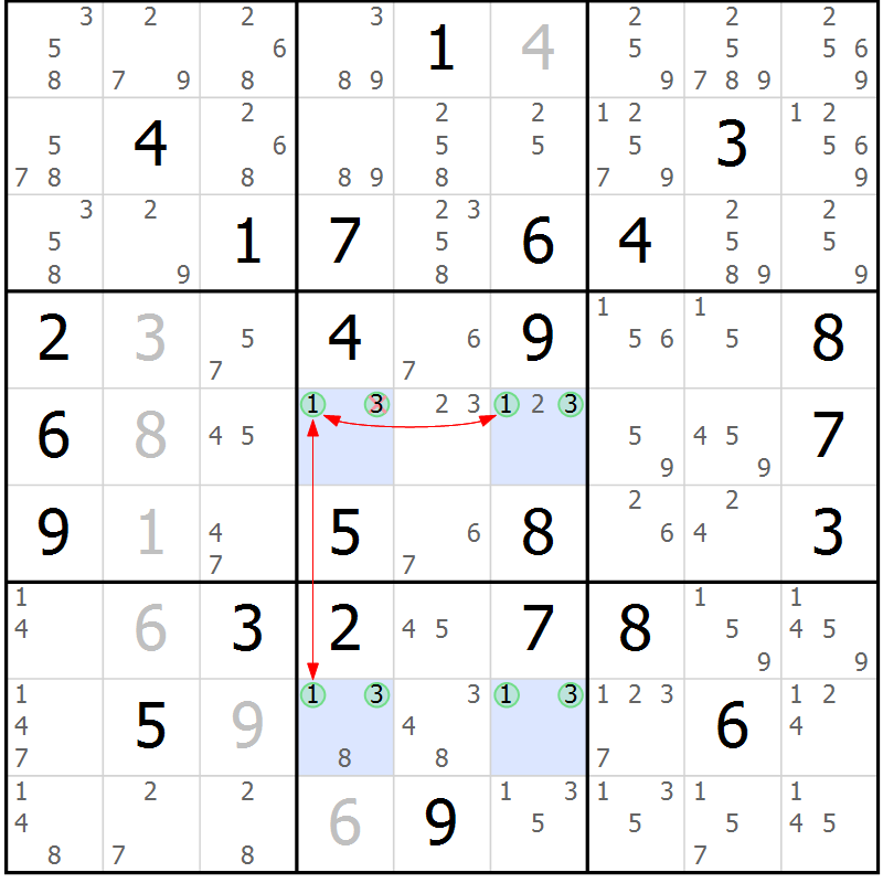 Position des candidats pour la solution de la Gr 45 page 48 du magazine de sudoku Suprême n° 027