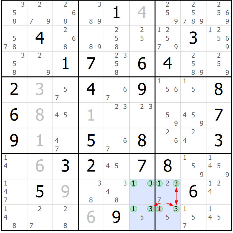 Position des candidats pour la solution de la Gr 45 page 48 du magazine de sudoku Suprême n° 027