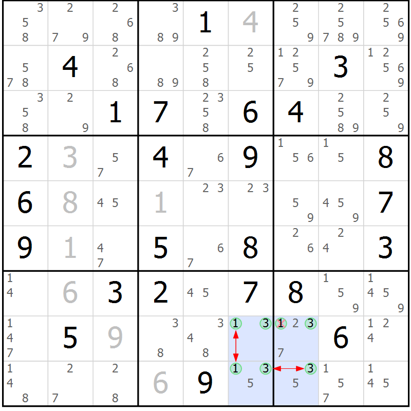 Position des candidats pour la solution de la Gr 45 page 48 du magazine de sudoku Suprême n° 027