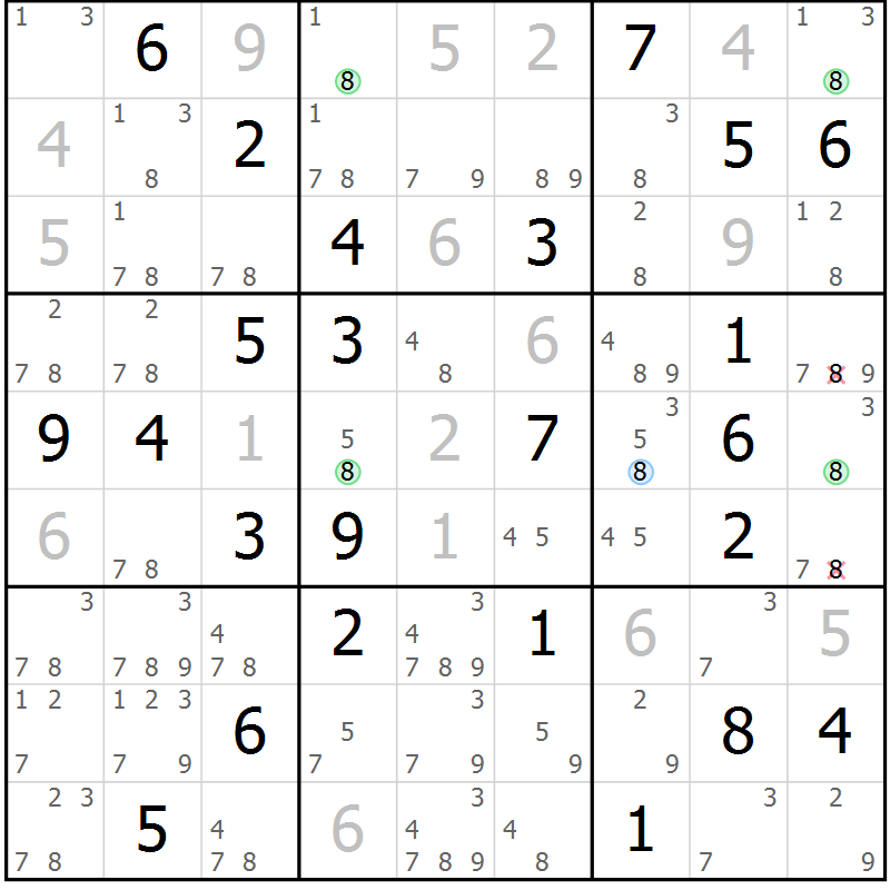 Position des candidats pour la solution de la Gr 50 page 53 du magazine de sudoku Suprême n° 027