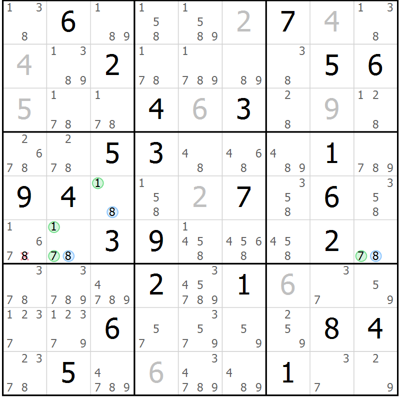 Position des candidats pour la solution de la Gr 50 page 53 du magazine de sudoku Suprême n° 027