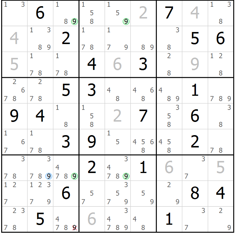 Position des candidats pour la solution de la Gr 50 page 53 du magazine de sudoku Suprême n° 027