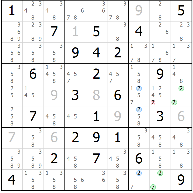 Position des candidats pour la solution de la Gr 57 page 60 du magazine de sudoku Suprême n° 027