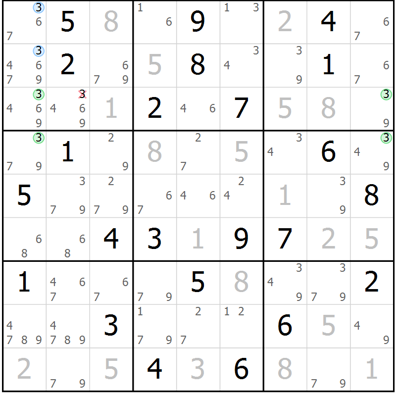 Position des candidats pour la solution de la Gr 58 page 61 du magazine de sudoku Suprême n° 027