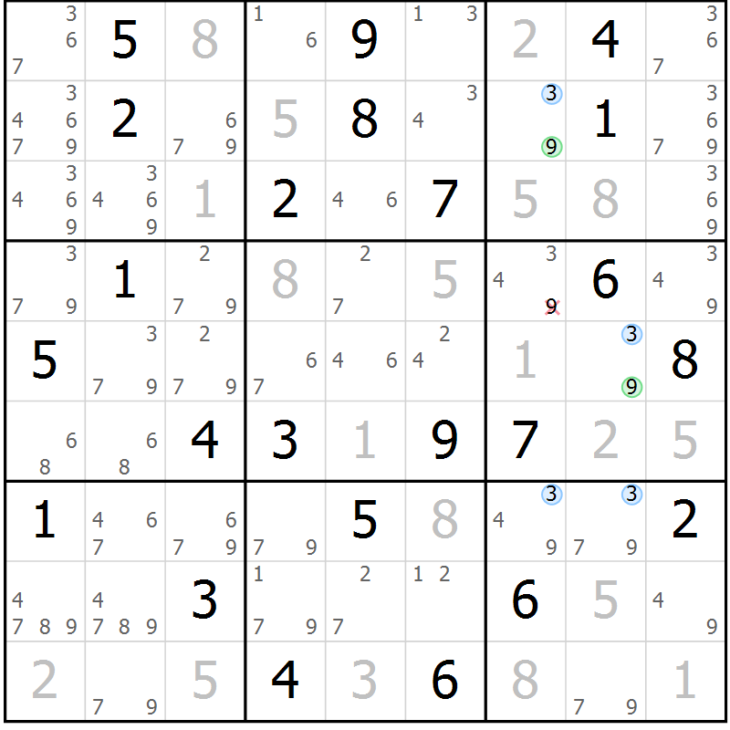 Position des candidats pour la solution de la Gr 58 page 61 du magazine de sudoku Suprême n° 027