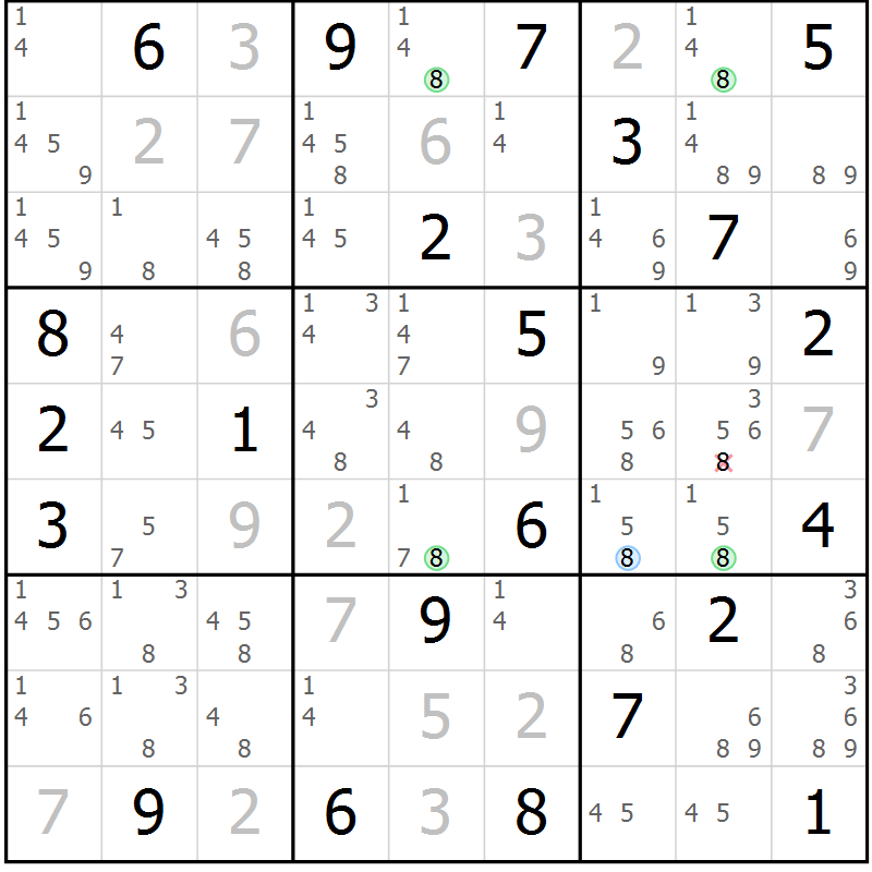 Position des candidats pour la solution de la Gr 6 page 9 du magazine de sudoku Suprême n° 027