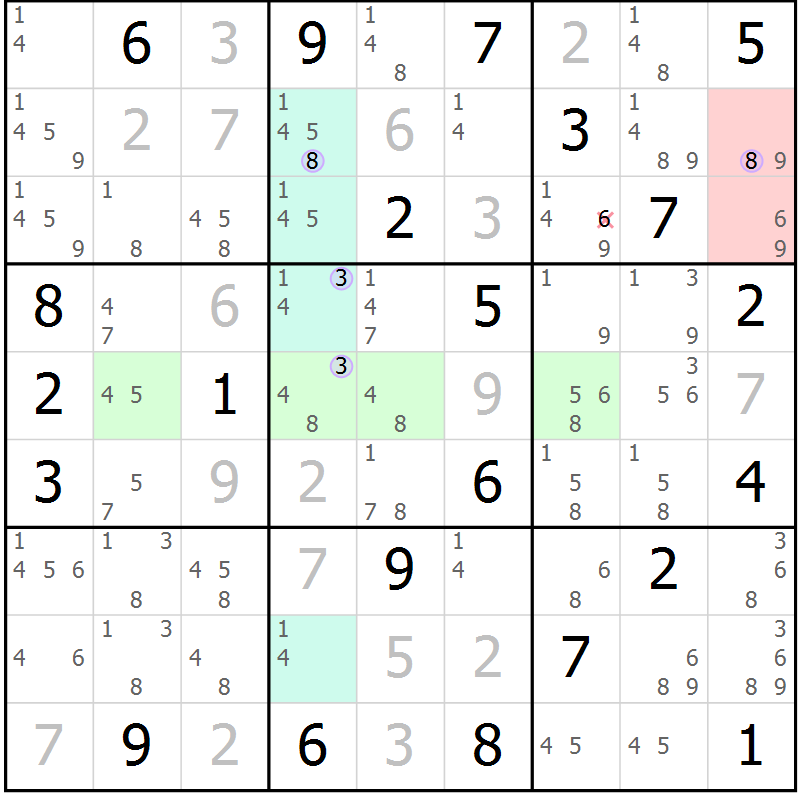 Position des candidats pour la solution de la Gr 6 page 9 du magazine de sudoku Suprême n° 027