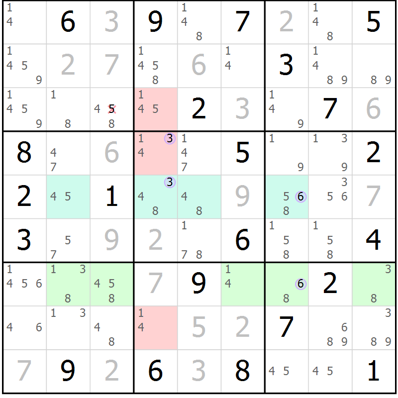 Position des candidats pour la solution de la Gr 6 page 9 du magazine de sudoku Suprême n° 027