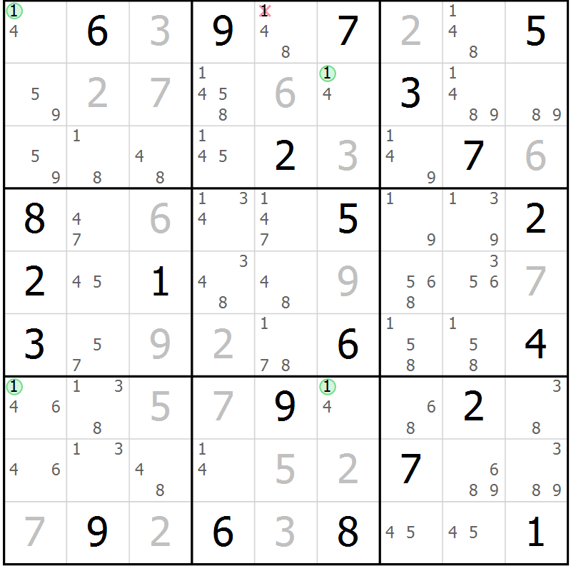 Position des candidats pour la solution de la Gr 6 page 9 du magazine de sudoku Suprême n° 027