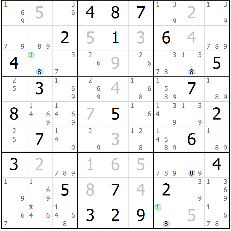 Position des candidats pour la solution de la Gr 60 page 63 du magazine de sudoku Suprême n° 027