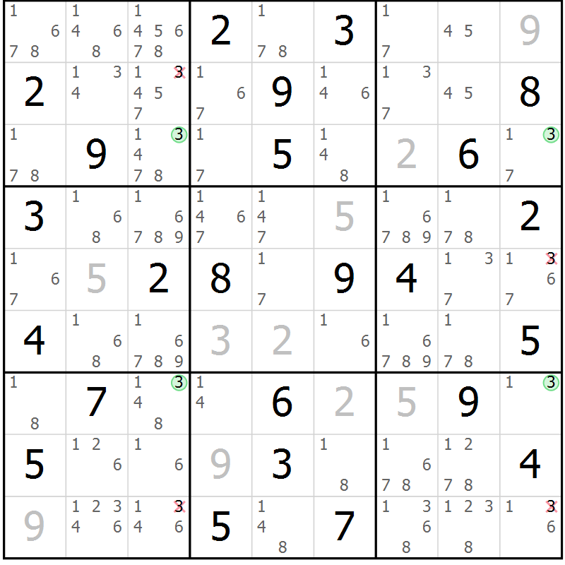 Position des candidats pour la solution de la Gr 61 page 64 du magazine de sudoku Suprême n° 027