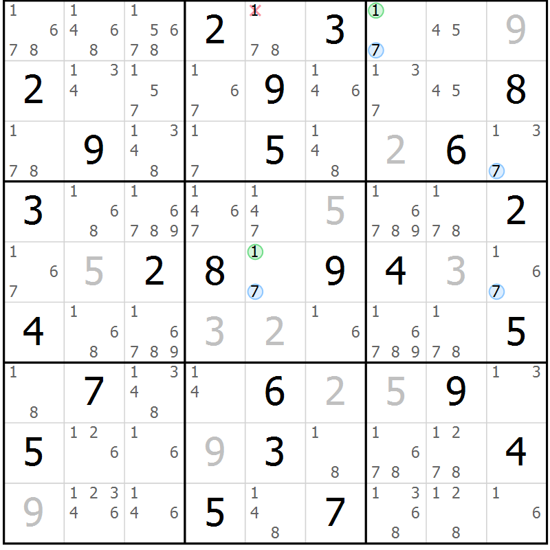 Position des candidats pour la solution de la Gr 61 page 64 du magazine de sudoku Suprême n° 027
