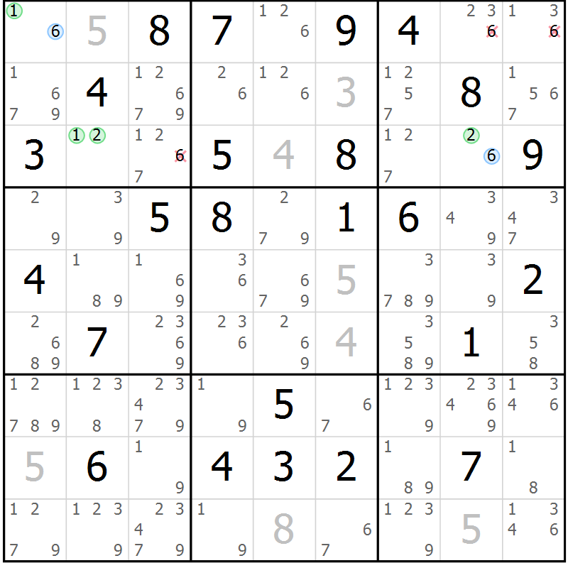 Position des candidats pour la solution de la Gr 63 page 66 du magazine de sudoku Suprême n° 027