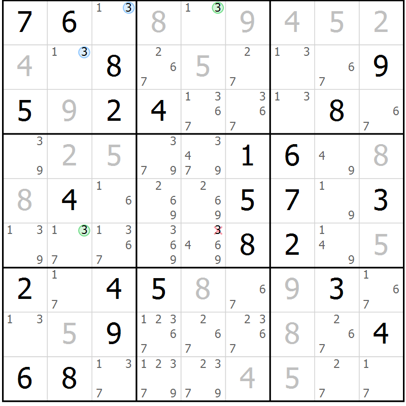 Position des candidats pour la solution de la Gr 64 page 67 du magazine de sudoku Suprême n° 027