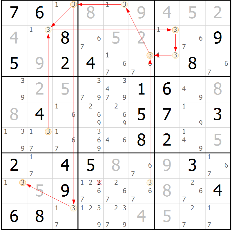 Position des candidats pour la solution de la Gr 64 page 67 du magazine de sudoku Suprême n° 027
