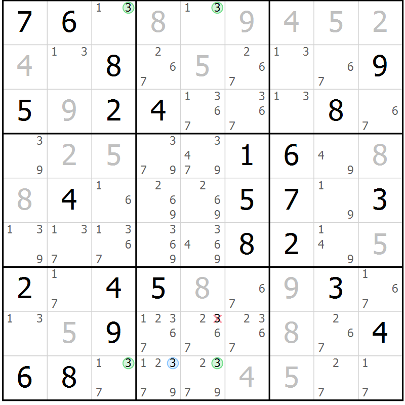 Position des candidats pour la solution de la Gr 64 page 67 du magazine de sudoku Suprême n° 027