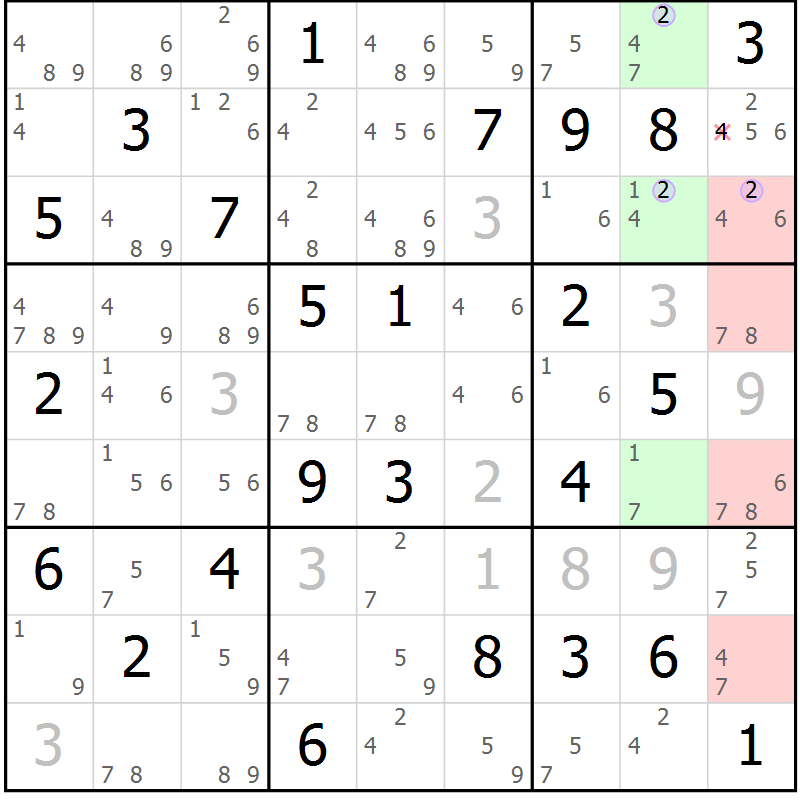 Position des candidats pour la solution de la Gr 65 page 68 du magazine de sudoku Suprême n° 027