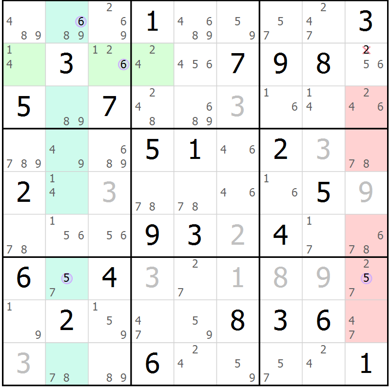 Position des candidats pour la solution de la Gr 65 page 68 du magazine de sudoku Suprême n° 027