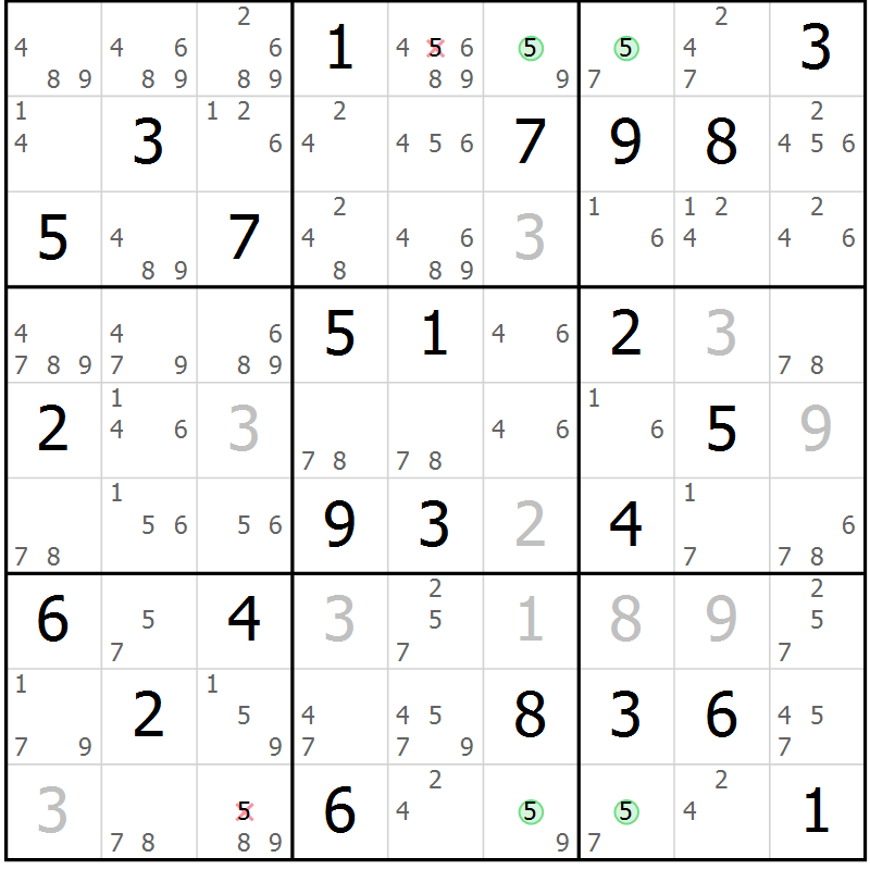 Position des candidats pour la solution de la Gr 65 page 68 du magazine de sudoku Suprême n° 027