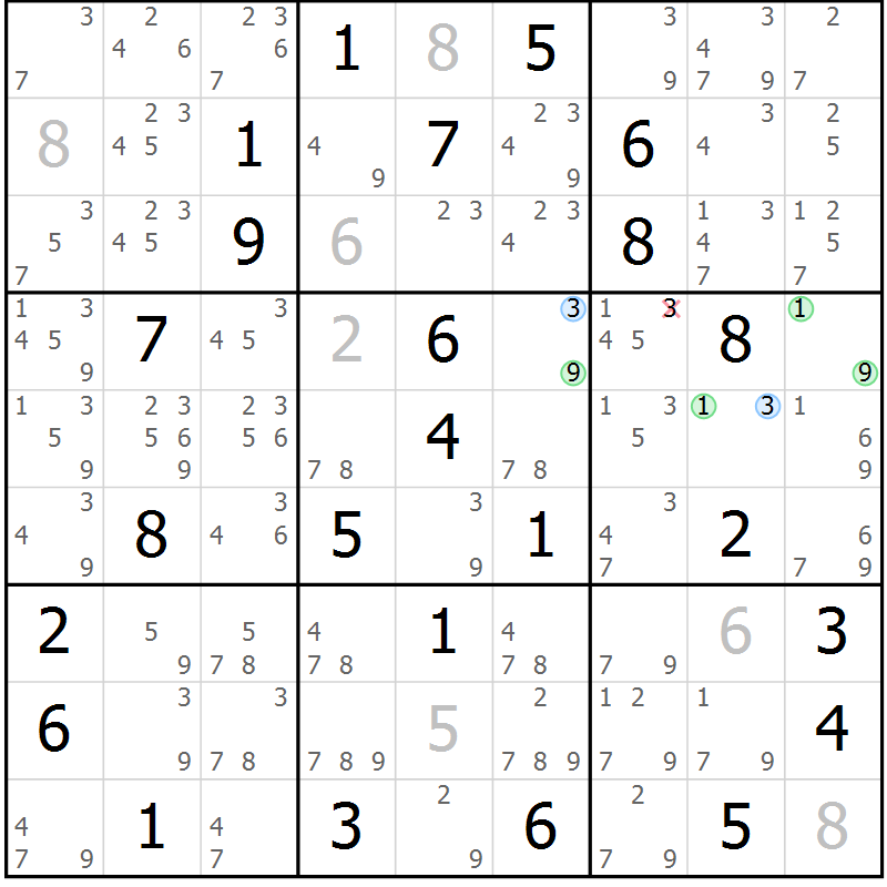 Position des candidats pour la solution de la Gr 68 page 71 du magazine de sudoku Suprême n° 027