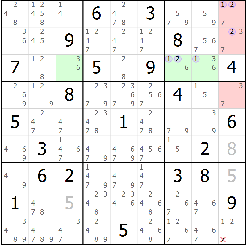 Position des candidats pour la solution de la Gr 7 page 10 du magazine de sudoku Suprême n° 027