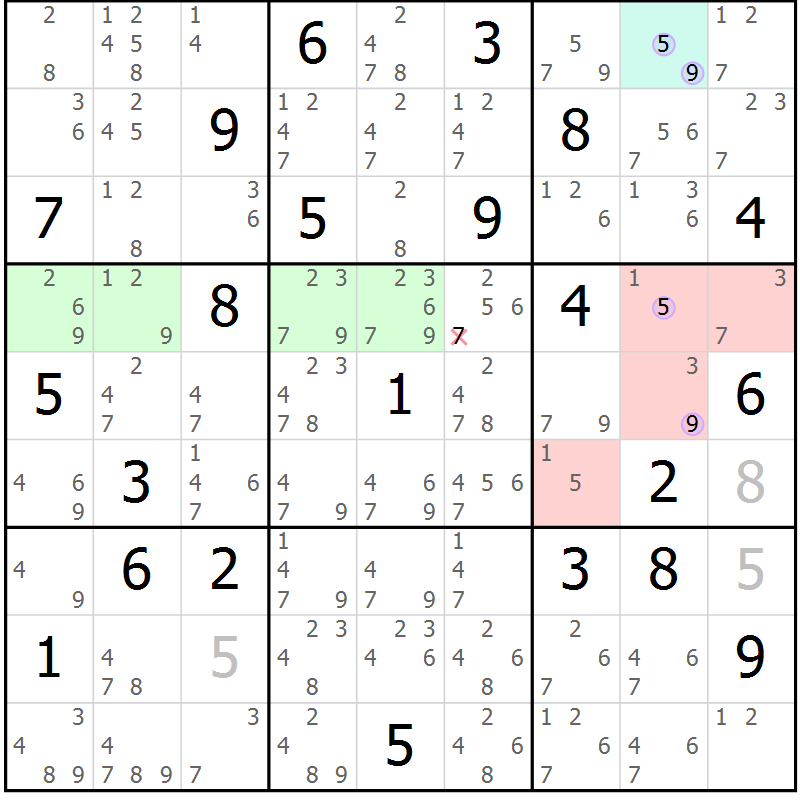 Position des candidats pour la solution de la Gr 7 page 10 du magazine de sudoku Suprême n° 027