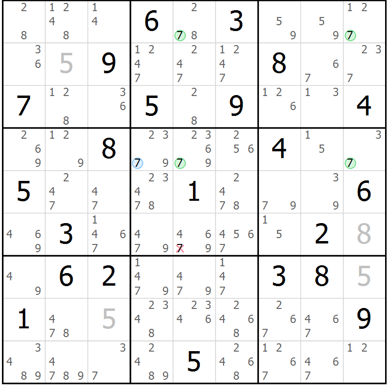 Position des candidats pour la solution de la Gr 7 page 10 du magazine de sudoku Suprême n° 027