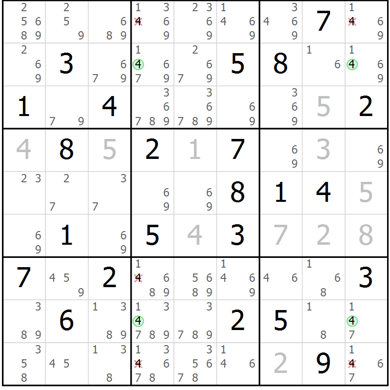 Position des candidats pour la solution de la Gr 73 page 76 du magazine de sudoku Suprême n° 027