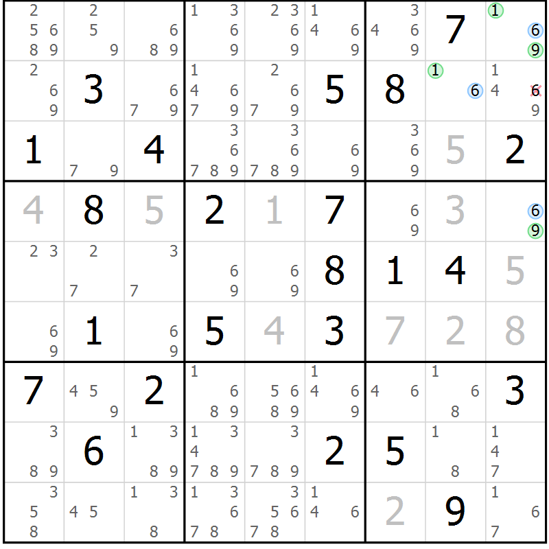 Position des candidats pour la solution de la Gr 73 page 76 du magazine de sudoku Suprême n° 027