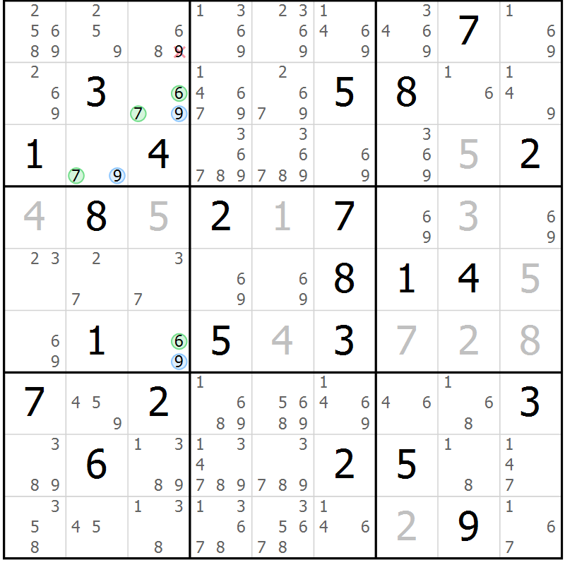 Position des candidats pour la solution de la Gr 73 page 76 du magazine de sudoku Suprême n° 027