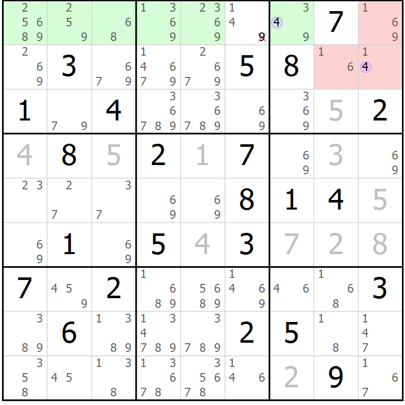 Position des candidats pour la solution de la Gr 73 page 76 du magazine de sudoku Suprême n° 027