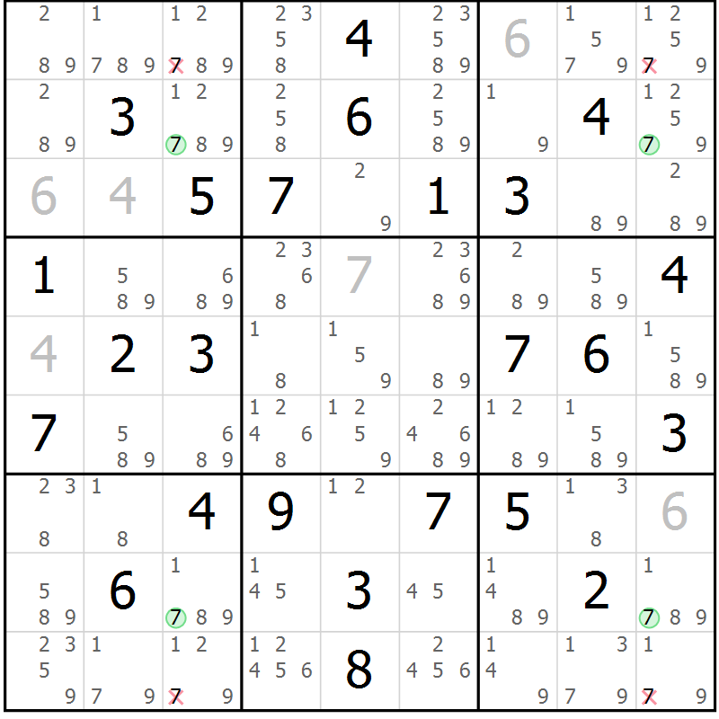Position des candidats pour la solution de la Gr 74 page 77 du magazine de sudoku Suprême n° 027