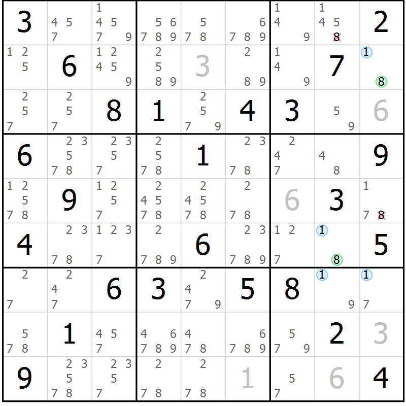 Position des candidats pour la solution de la Gr 75 page 78 du magazine de sudoku Suprême n° 027