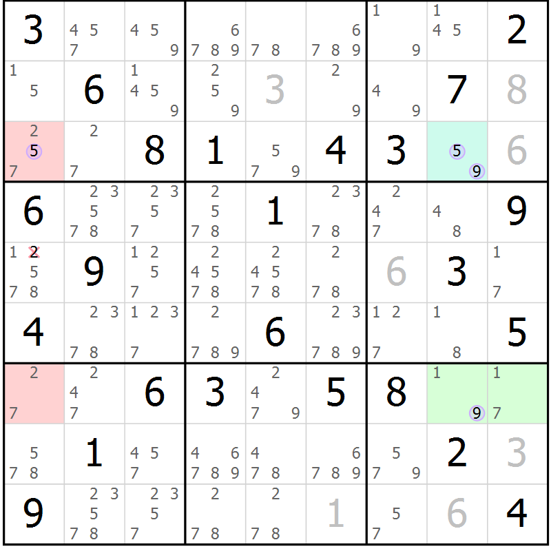 Position des candidats pour la solution de la Gr 75 page 78 du magazine de sudoku Suprême n° 027