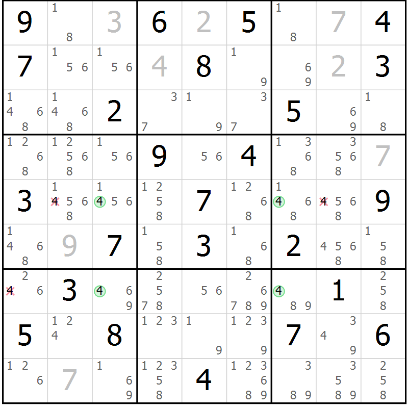 Position des candidats pour la solution de la Gr 80 page 83 du magazine de sudoku Suprême n° 027