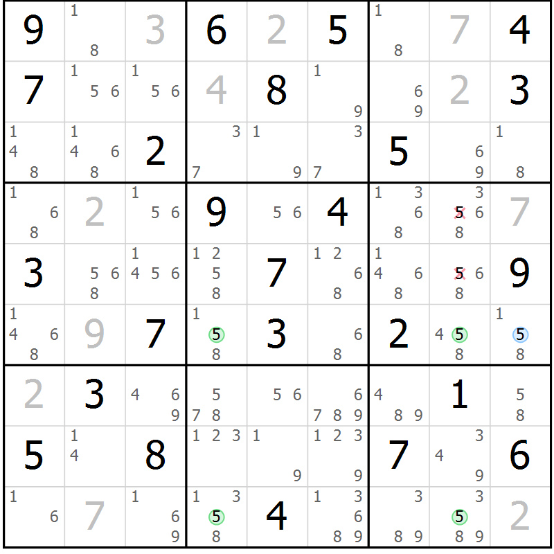 Position des candidats pour la solution de la Gr 80 page 83 du magazine de sudoku Suprême n° 027