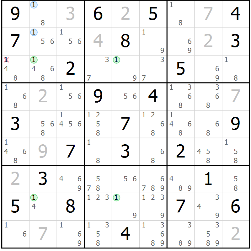 Position des candidats pour la solution de la Gr 80 page 83 du magazine de sudoku Suprême n° 027